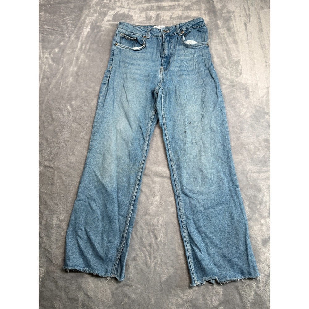 Zara Jeans Womens 6 Blue Denim Cotton Mid Rise Raw Hem Straight Leg Distressed